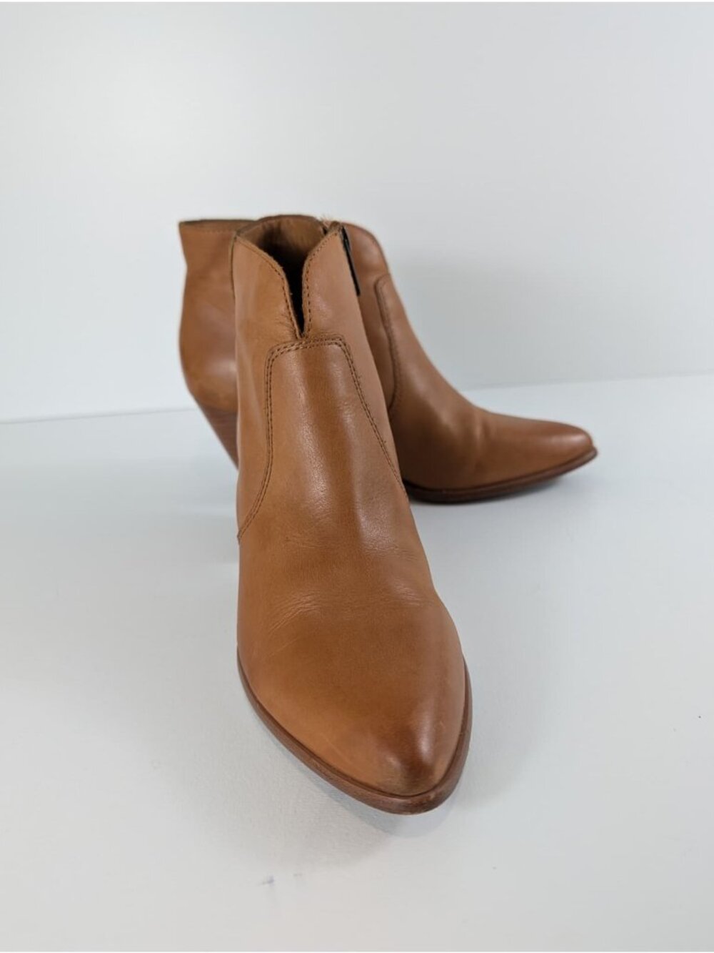 Frye Cognac Leather Ankle Boots With Block Heel & Side Zipper Womens 8M